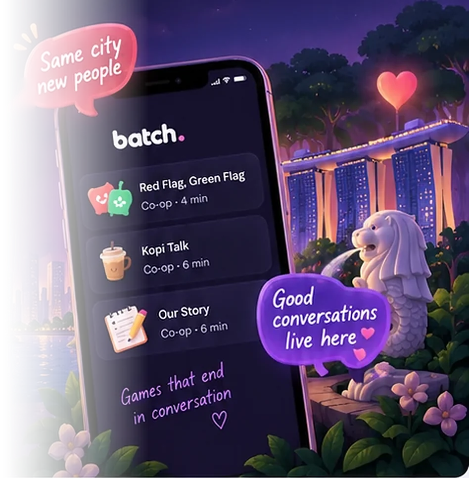 A phone showing Batch missions in front of the Singapore skyline at night, with Marina Bay Sands and the Merlion